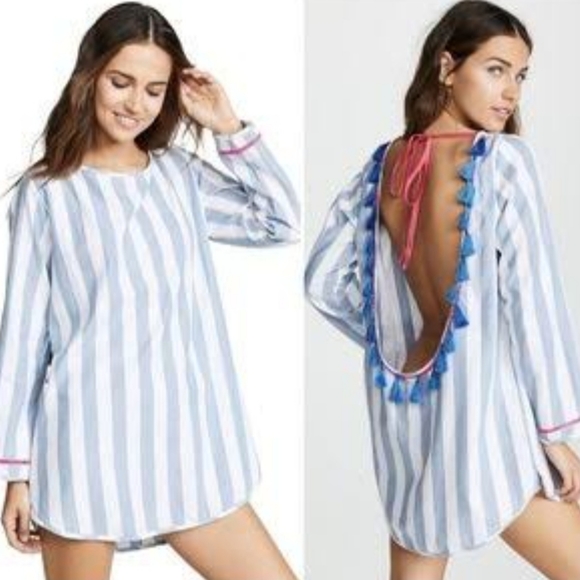 Soleil Dresses & Skirts - Soleil striped cotton open back mini beach dress cover up tassel trim white blue